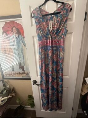 White Waves Sleeveless Paisley Maxi Dress in Teal and Pink - Sz XXL